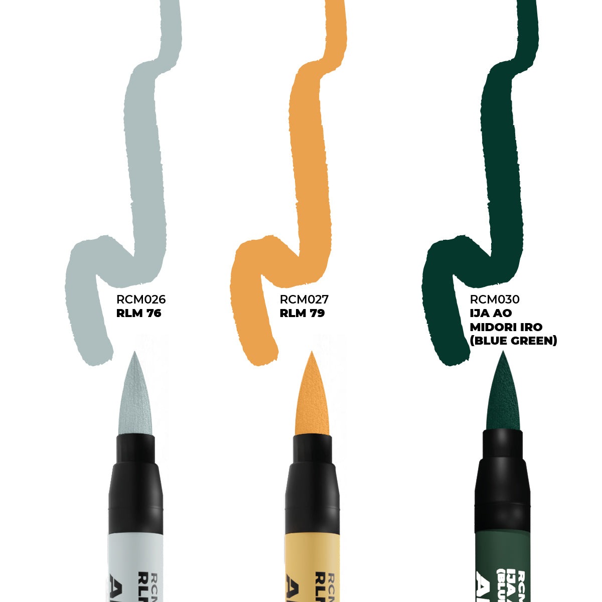 Three brush pens with swatches: light grey-blue, orange, and dark blue-green