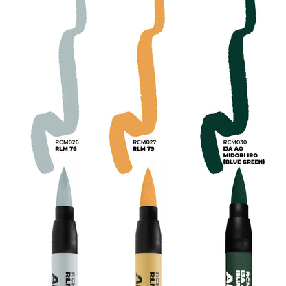 Three brush pens with swatches: light grey-blue, orange, and dark blue-green