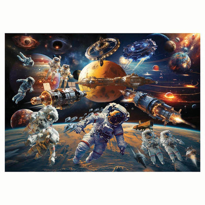 Detailed sci-fi space illustration featuring multiple astronauts, futuristic spaceships, orbiting stations, and distant alien planets