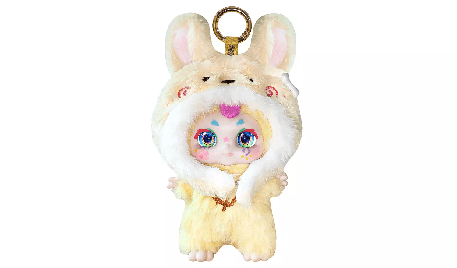 Fluffy yellow plush keychain doll wearing a fuzzy bunny hooded costume, with large iridescent eyes and face paint