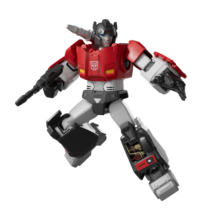 Transformers Masterpiece Reboost action figure in red and white posed with blaster