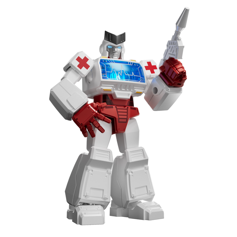 White and red Generation 1 Transformers Ratchet action figure holding a weapon
