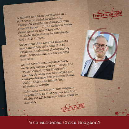 Murder case file: A smiling photo of victim Chris Hodgson circled in red, set against text detailing his death