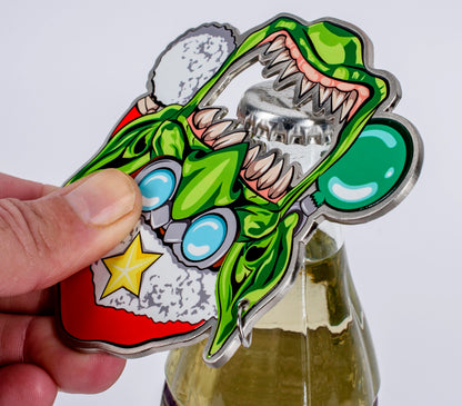 Green monster bottle opener shaped like a cartoon Krampus or zombie Santa, being used to open a capped glass bottle