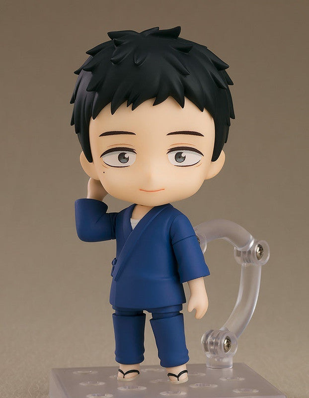 Nendoroid of Wakana Gojo in a blue kimono standing with one hand raised to his ear on a clear stand