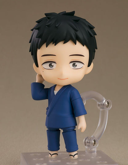 Nendoroid of Wakana Gojo in a blue kimono standing with one hand raised to his ear on a clear stand