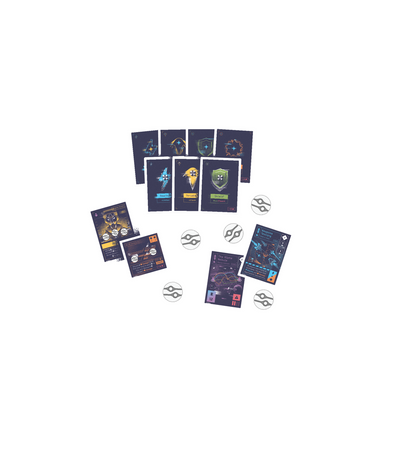 Scattered dark sci-fi game cards (Shield, Thrust) and circular tokens on a white background