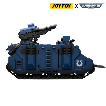 Blue Warhammer 40K Ultramarines armored transport model with a large top-mounted cannon