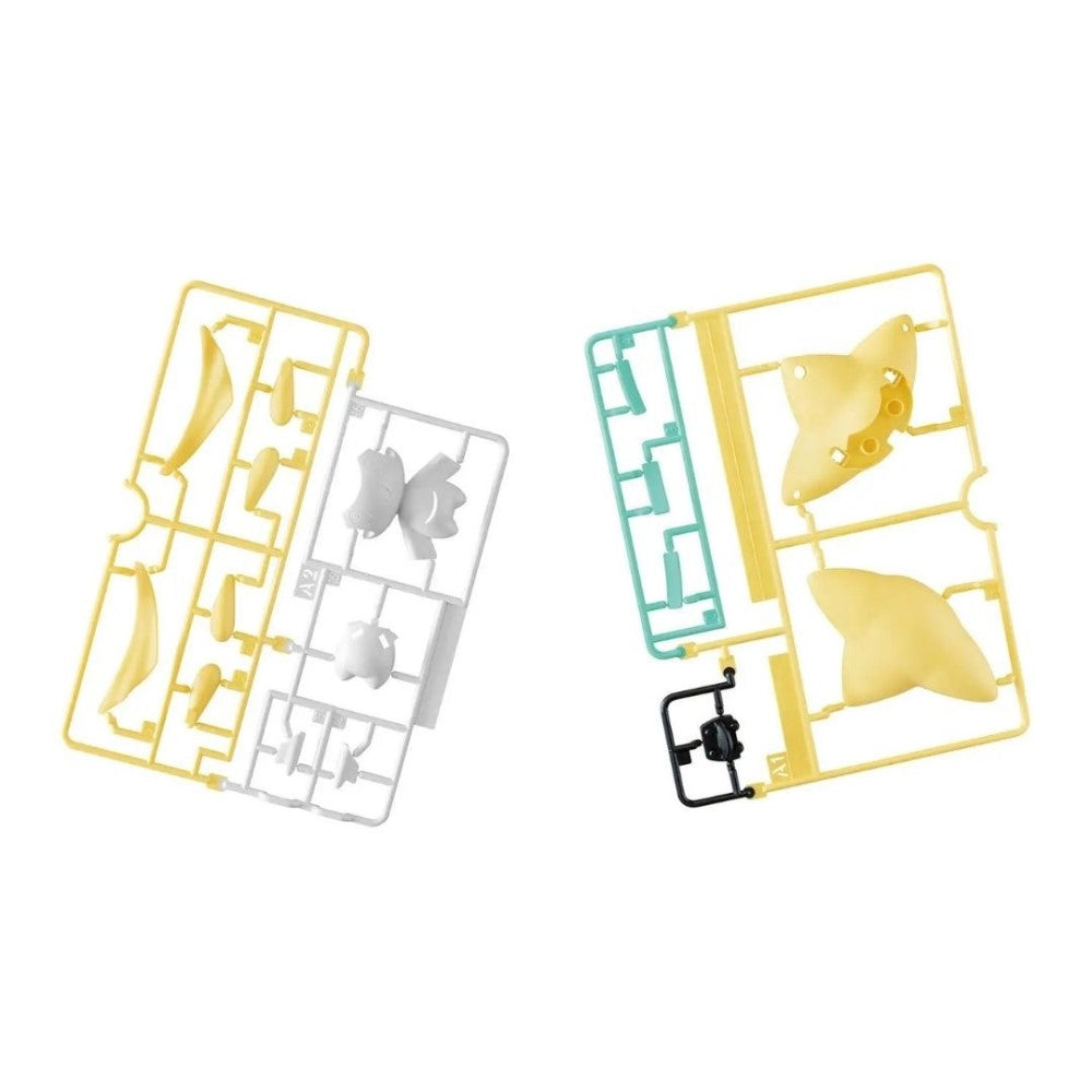 Unassembled plastic model kit sprues, featuring yellow, white, teal, and black runners with parts on a white background