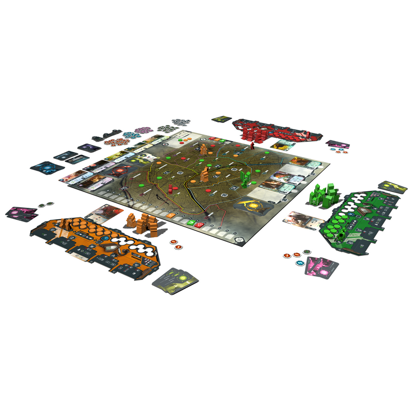 Top-down view of Virtual Revolution game setup including board and components
