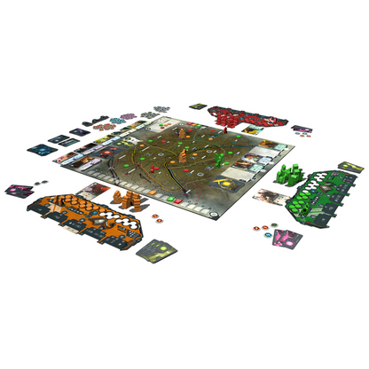 Top-down view of Virtual Revolution game setup including board and components