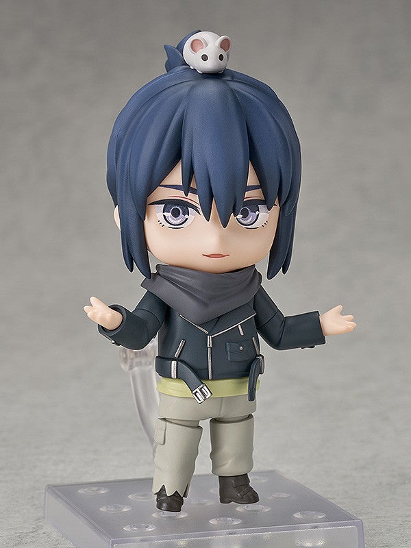 Nendoroid action figure of anime character with blue hair and a small white mouse on head