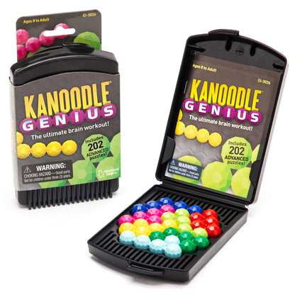 Kanoodle Genius brain puzzle game, showing the closed package and the open black board with colourful pieces