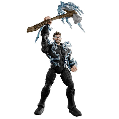 Thor action figure in black armor with blue ice, raising a large crystal battle axe overhead