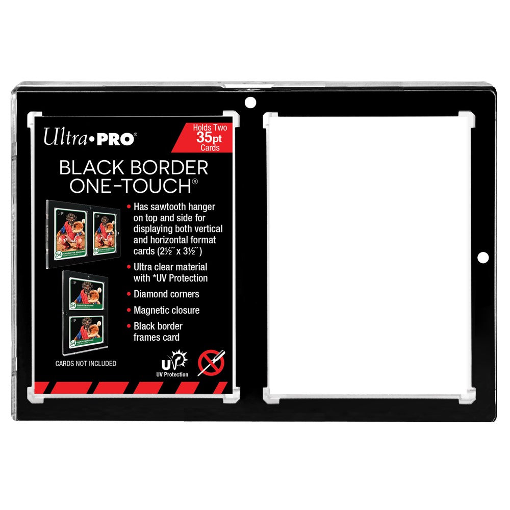 Black Ultra PRO One-Touch card holder with two clear slots for 35pt cards; product details left
