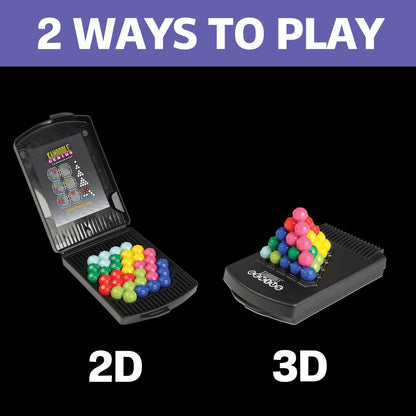 Kanoodle Genius puzzle pieces demonstrating two play modes: 2D flat arrangement and a 3D pyramid stack