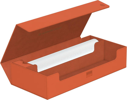Open peach card storage box, showing the magnetic lid and internal white divider