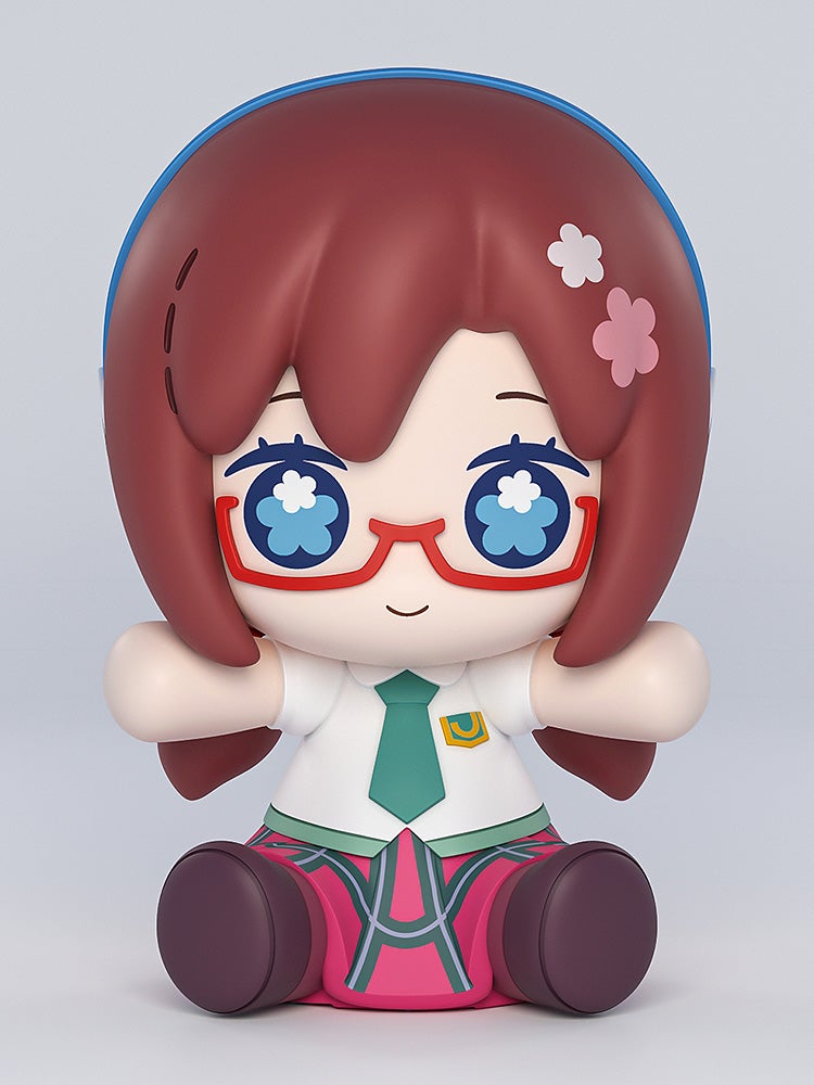 Sitting anime figure in school uniform with red glasses, brown hair, and flower-shaped eyes on color background