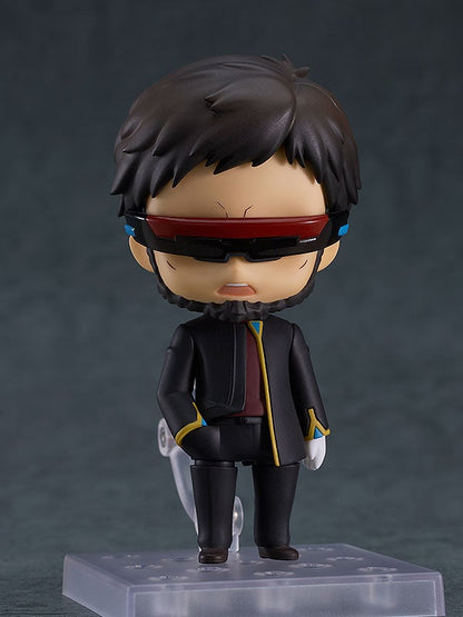 Nendoroid Gendo Ikari figure with beard, red visor, sunglasses, and black jacket with yellow and blue trim