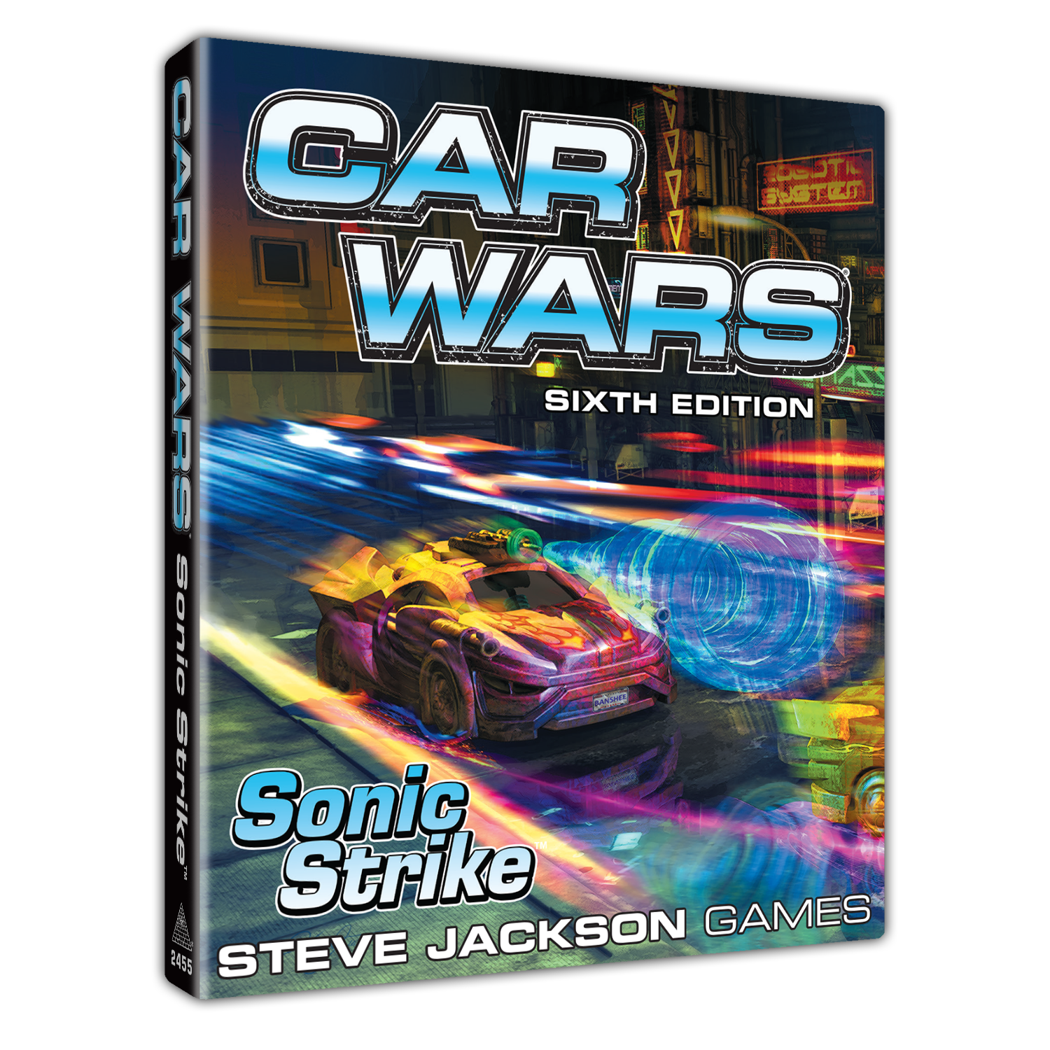Car Wars: Sonic Strike game cover with a futuristic car speeding with blue energy effects through a neon city