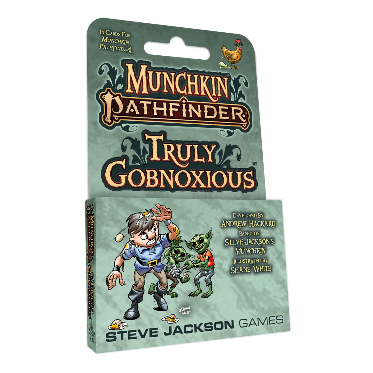 Munchkin Pathfinder Truly Gobnoxious 15-card expansion, art shows adventurer reacting to goblins, chicken, and broken eggs