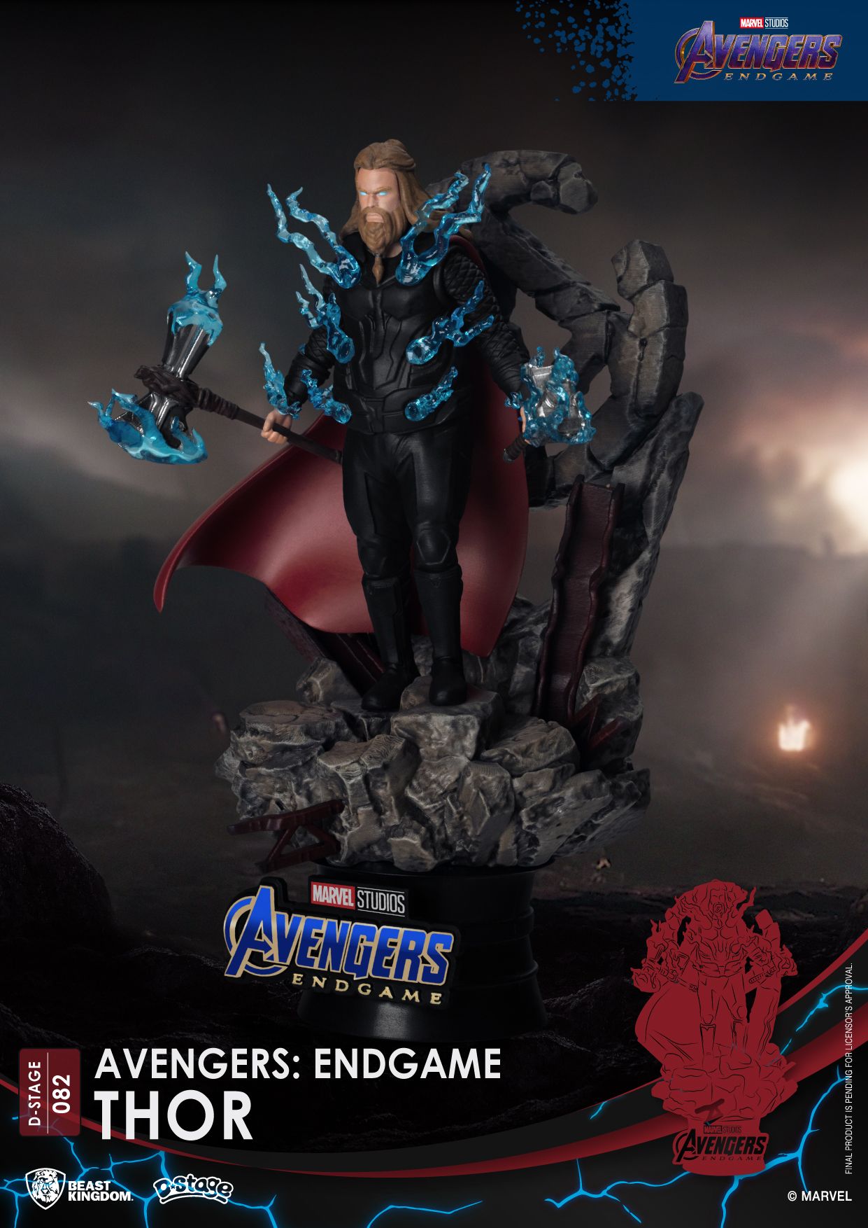 Thor action figure with blue energy effects and red cape standing on a rocky base with Avengers Endgame logo