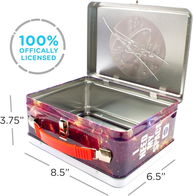Galaxy print NASA metal lunchbox with red handle, size dimensions overlay