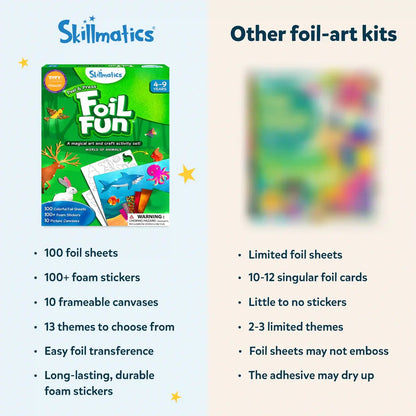 Graphic comparing the Skillmatics "Foil Fun" box and its features to blurry competing foil-art kits