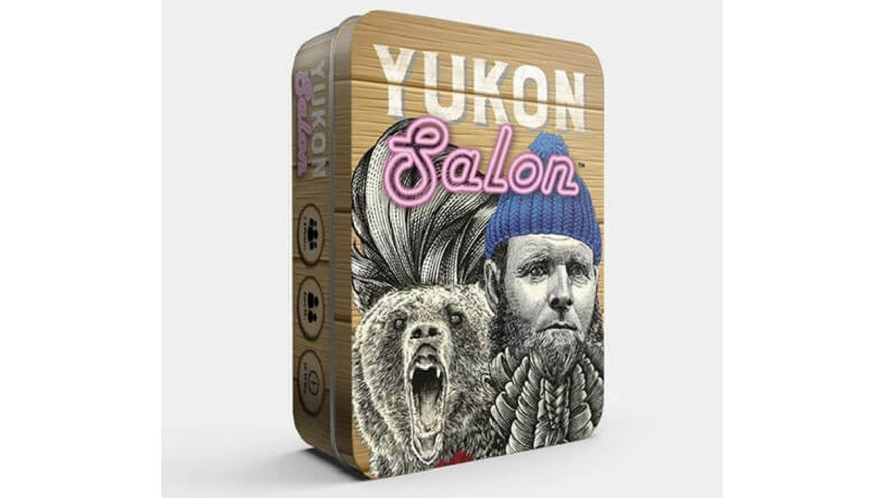 Yukon Salon game tin featuring a lumberjack a bear with a mohawk and neon pink text