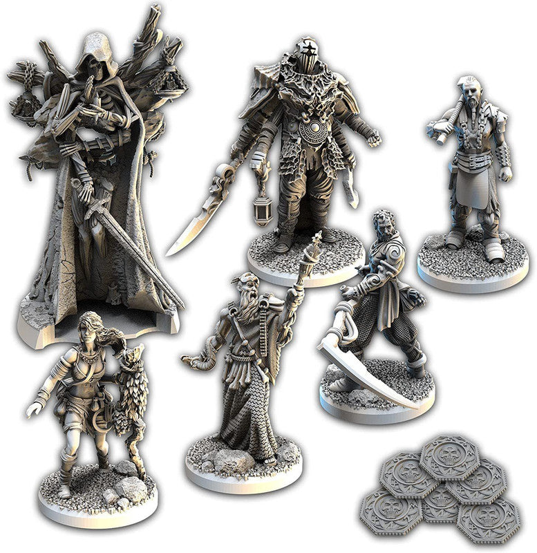 Six grey miniature figures and seven grey skull tokens for The Fall of Avalon tabletop game