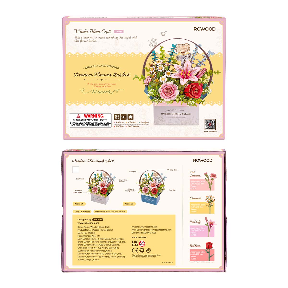 Robotime Wooden Bloom Flower Basket Diy puzzle full packaging front view and back view