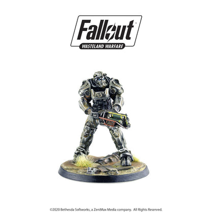 Fallout Wasteland Warfare T-45 Power Armor miniature holding an energy weapon, on a detailed base