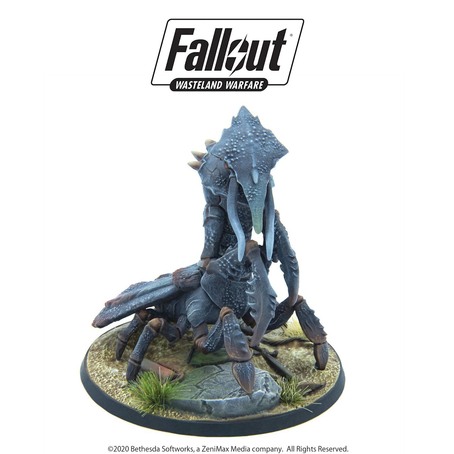 Fallout: Wasteland Warfare Radscorpion miniature: A dark, armored, multi-legged creature with large pincers on a desert base
