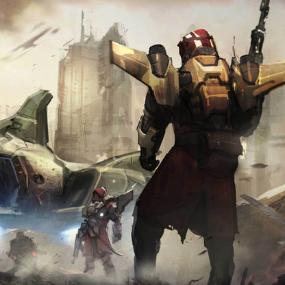 A large, gold-armored warrior in a red robe surveys a crashed ship and other soldiers in a desolate city
