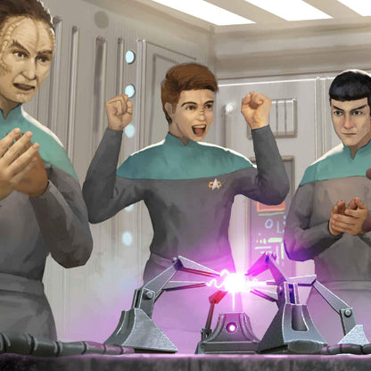 Three Starfleet-uniformed officers, including a Klingon and Vulcan, observe a sparking device. One human officer celebrates excitedly