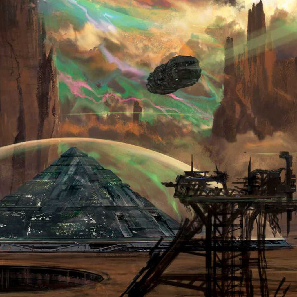 A spaceship flies over a futuristic pyramid and desolate outpost on an alien world, under a vibrant, colourful sky
