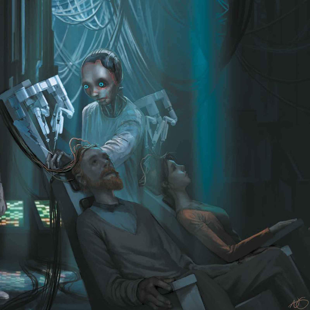 A humanoid robot with robotic arms attaches wires to a man's head. A woman lies beside him in a dark sci-fi lab