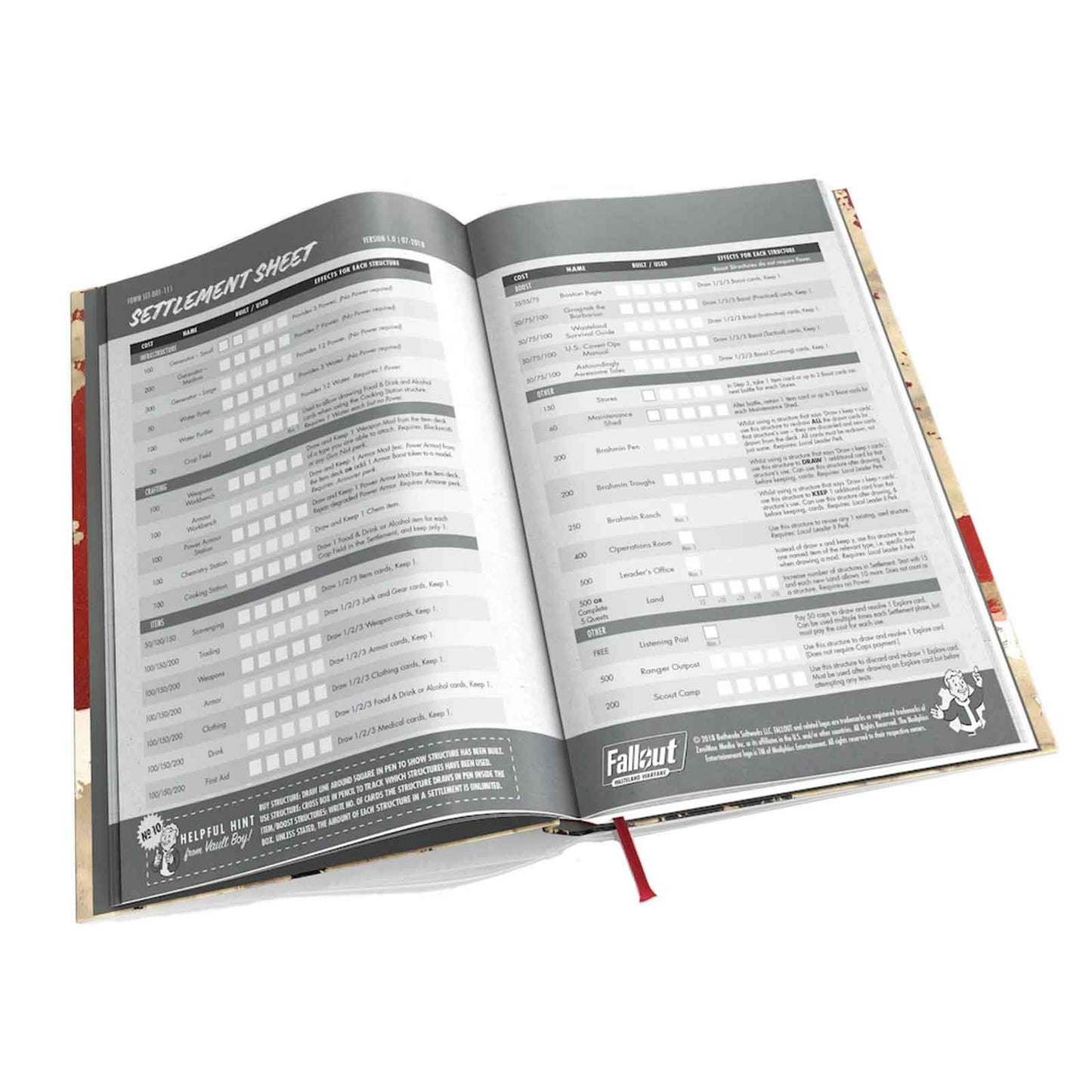An open Fallout Wasteland Warfare rulebook displays a "Settlement Sheet" with game rules, structures, and item lists