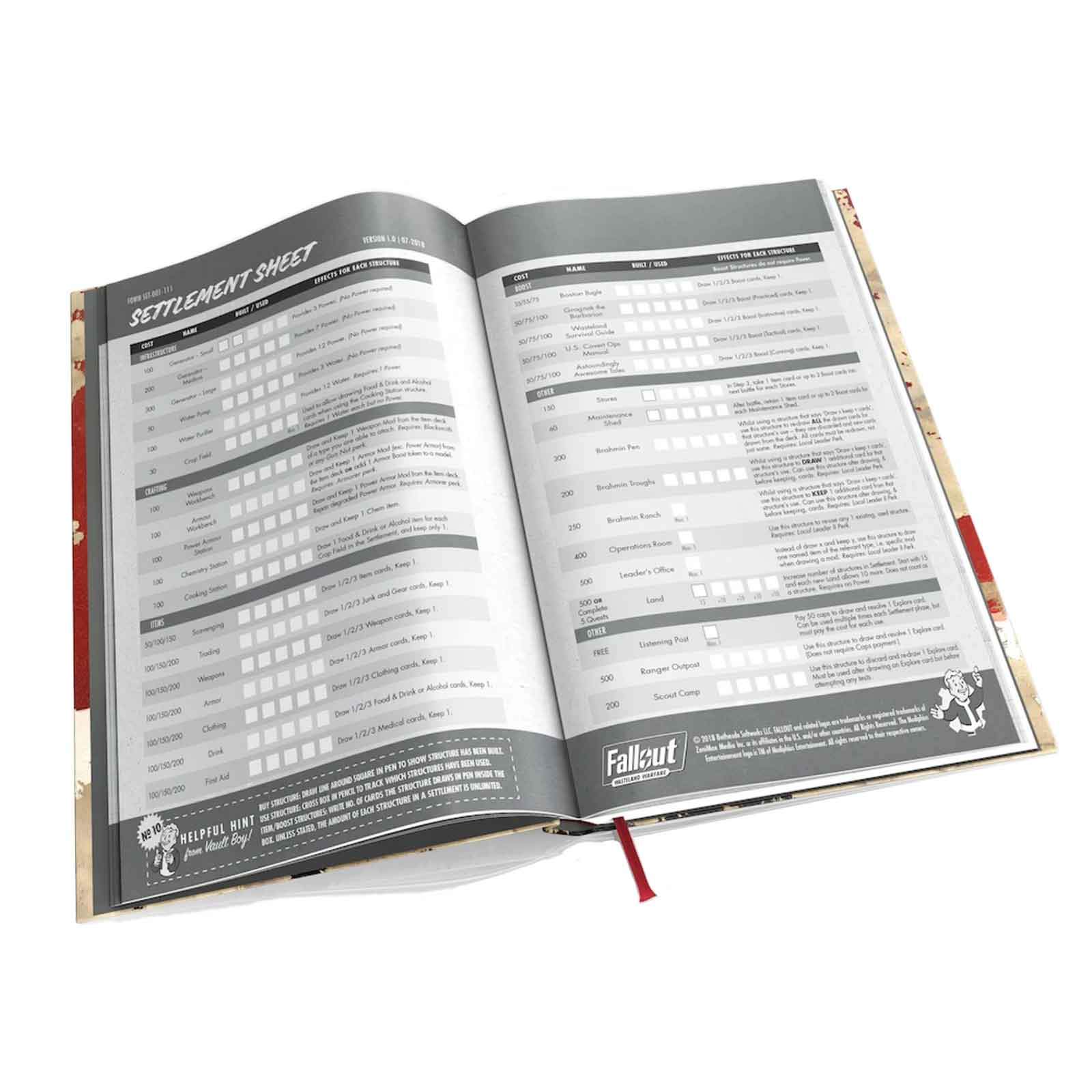 An open Fallout Wasteland Warfare rulebook displays a "Settlement Sheet" with game rules, structures, and item lists