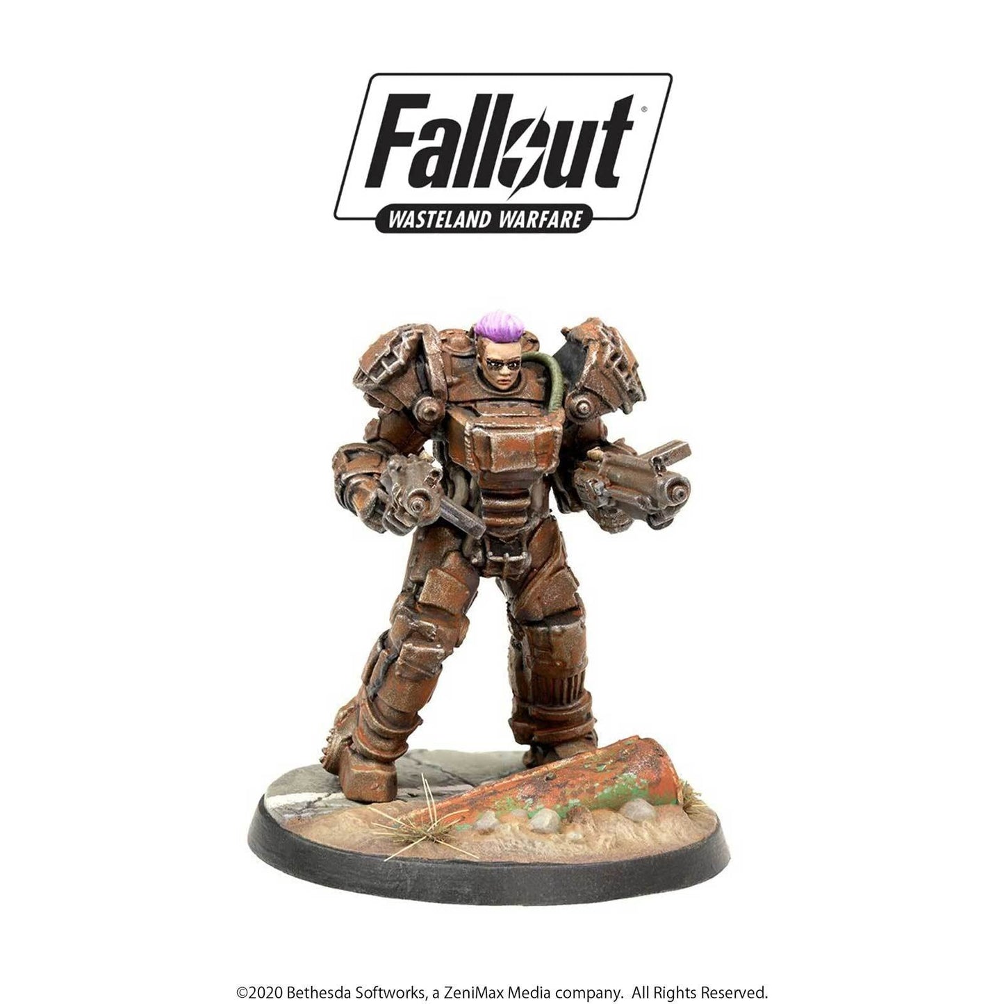 Fallout Wasteland Warfare miniature: A character in rusty brown power armor, with purple hair and sunglasses, holding two large guns