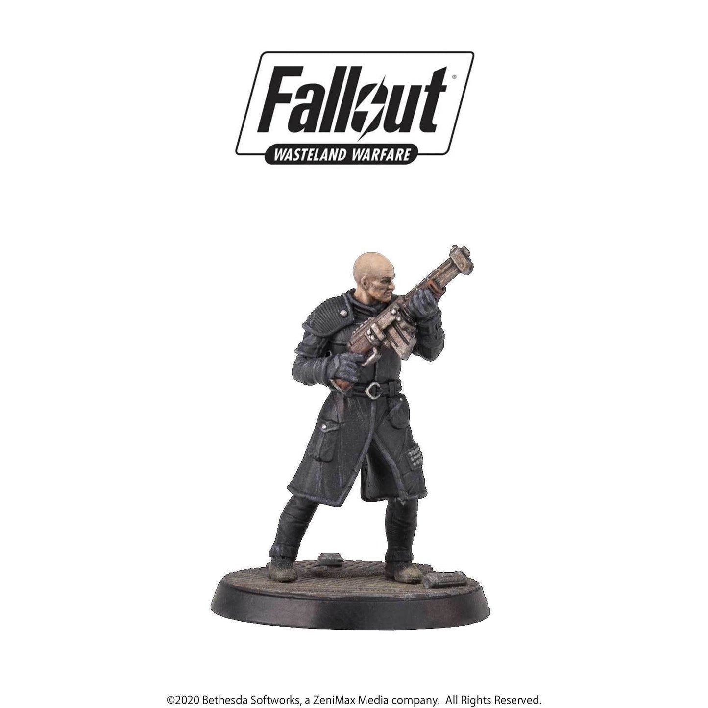 Fallout Wasteland Warfare miniature of a bald Wastelander in a dark coat aiming a rifle