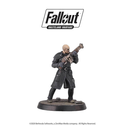 Fallout Wasteland Warfare miniature of a bald Wastelander in a dark coat aiming a rifle