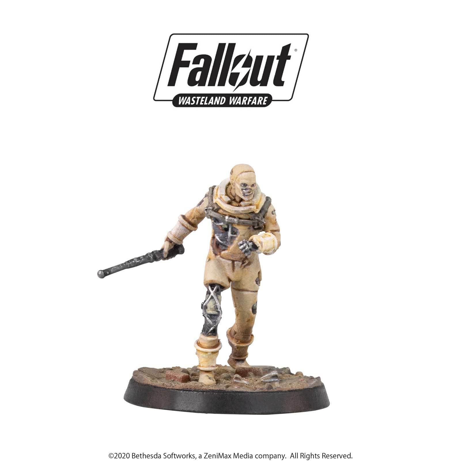 A Fallout Wasteland Warfare ghoul miniature, with pale skin, a robotic leg, and tattered clothes, holding a pipe weapon