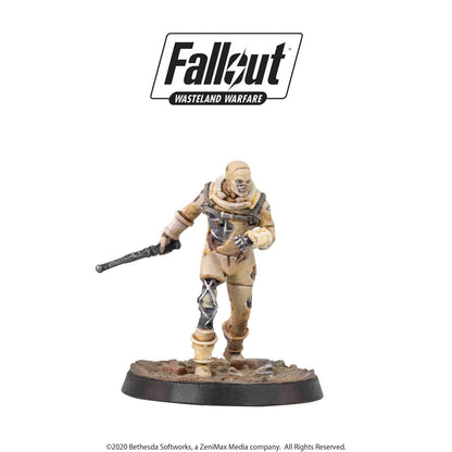 A Fallout Wasteland Warfare ghoul miniature, with pale skin, a robotic leg, and tattered clothes, holding a pipe weapon
