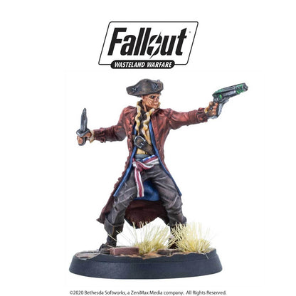 Fallout Wasteland Warfare miniature: Ghoul in red coat, tricorne hat, holding a knife and aiming a futuristic pistol