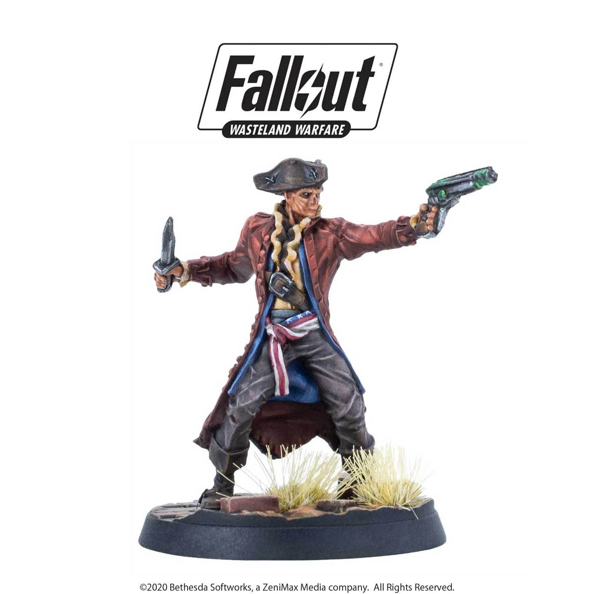 Fallout Wasteland Warfare miniature: Ghoul in red coat, tricorne hat, holding a knife and aiming a futuristic pistol