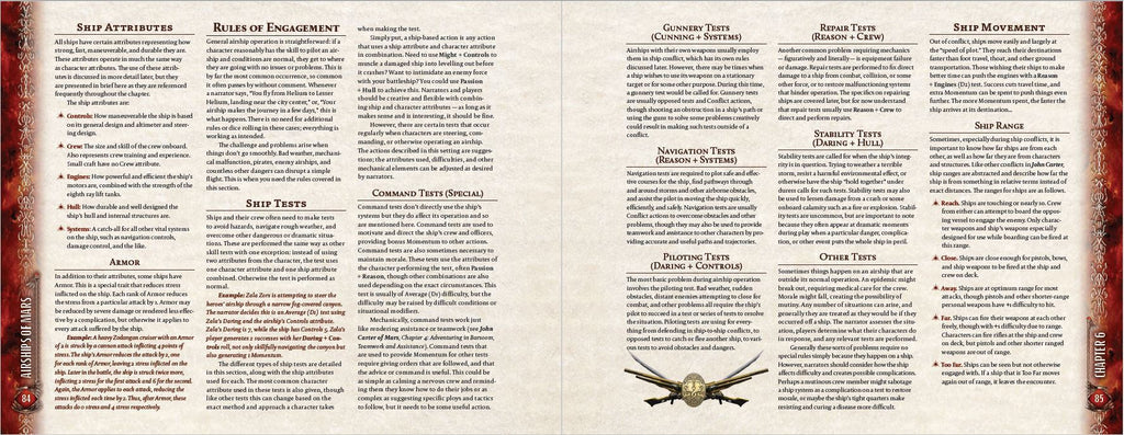 A detailed RPG rulebook page explaining airship combat and movement, featuring a small illustration of a golden airship