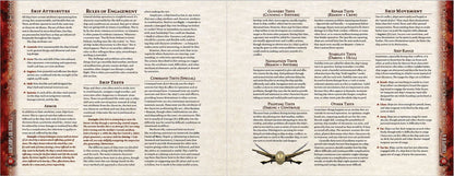 A detailed RPG rulebook page explaining airship combat and movement, featuring a small illustration of a golden airship