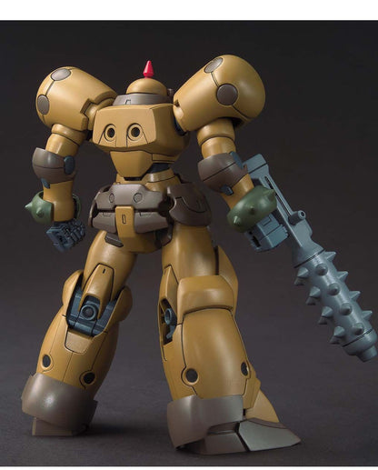 Bulky tan mecha model kit holding a large gray spiked club on a dark background