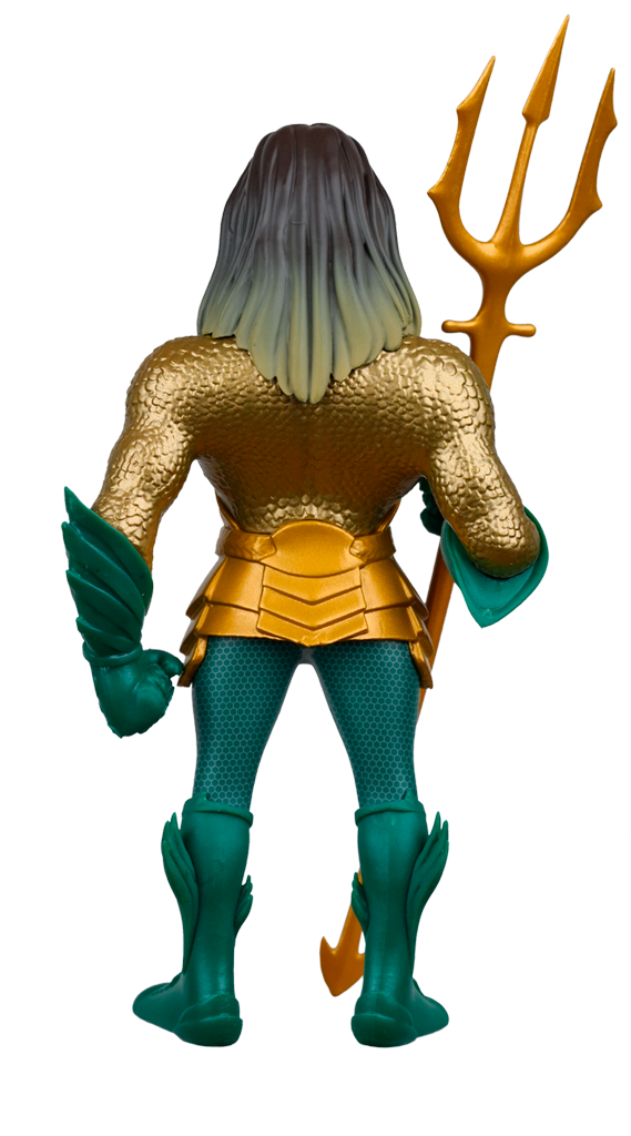The MINIX DC Comics Aquaman and the Lost Kingdom Aquaman Figure is shown from the back, featuring his brown-to-blonde hair, gold scaled armor, teal pants, and a gold trident